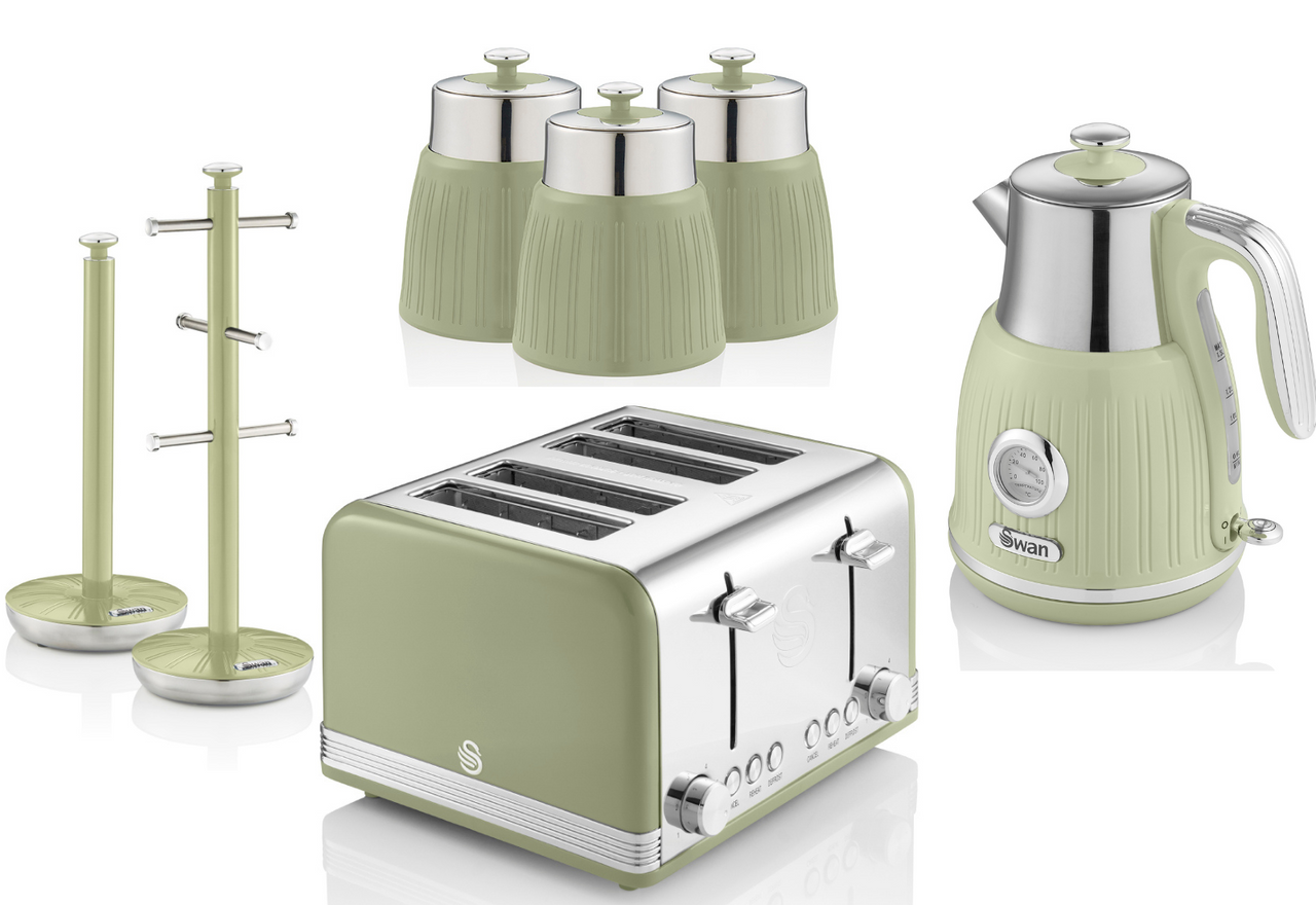 SWAN Retro Green Dial Kettle Toaster Canisters Mug Tree Towel Pole Kitchen Set