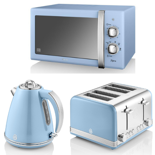 SWAN Retro Blue Kitchen Set of 3 - Jug Kettle 4 Slice Toaster Manual Microwave