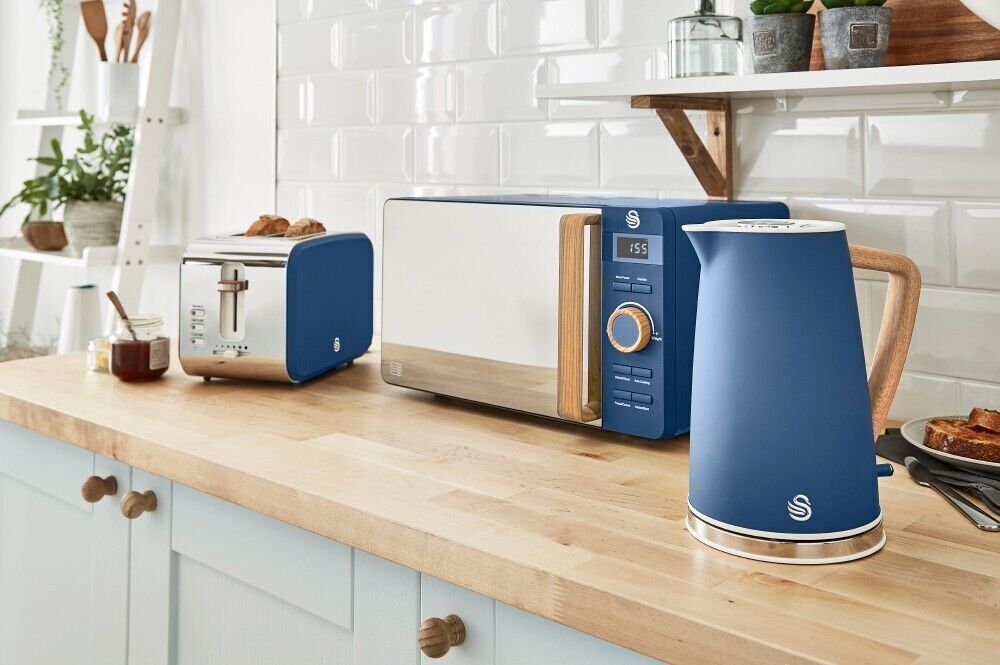 Swan Nordic Blue Kettle 4 Slice Toaster Microwave & Kitchen Storage Set of 9