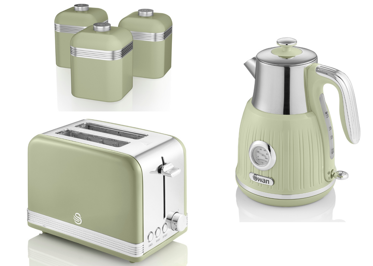 SWAN Retro Green Temperature Dial Kettle,  2 Slice Toaster & 3 Canisters Set