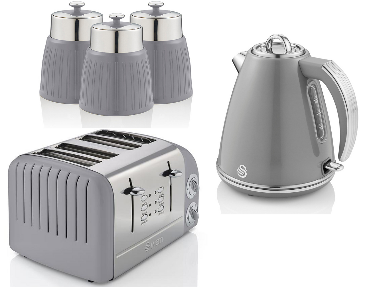 SWAN Retro Grey 1.5L Jug Kettle, 4 Slice Toaster ST34020GRN & Set of 3 Canisters