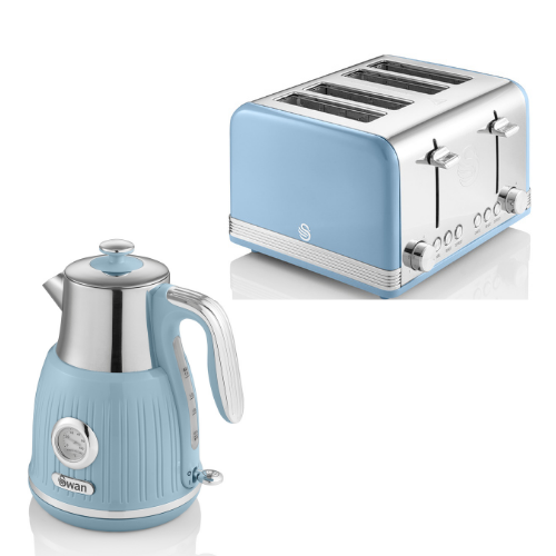 SWAN Retro Temperature Dial Kettle & 4 Slice Toaster in Blue Vintage Kitchen Set