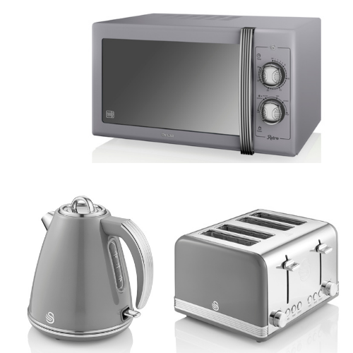 SWAN Retro 1.5L Jug Kettle, 4 Slice Toaster & 25L 900W Microwave Vintage Grey