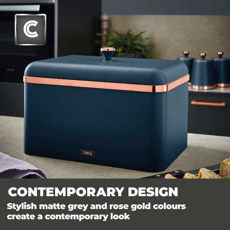 TOWER Cavaletto 4 Slice Toaster & Bread Bin Matching Set in Midnight Blue/Rose Gold