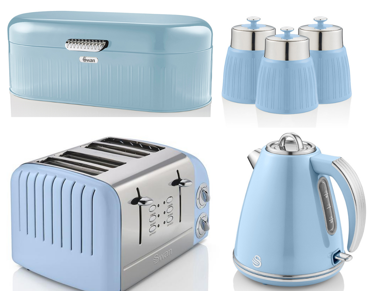 SWAN Retro Blue Matching Kitchen Set - 1.5L Jug Kettle, 4 Toaster ST34020BLN, Breadbin & Canisters