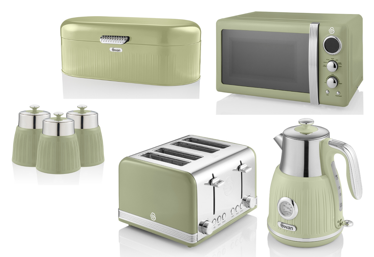 SWAN Retro Green Dial Kettle 4 Slice Toaster Microwave Breadbin & Canisters Set