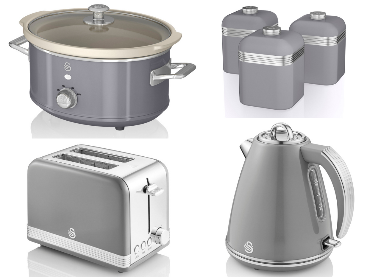 SWAN Retro Grey Jug Kettle 2 Slice Toaster 3.5L Slow Cooker & 3 Canisters  Set