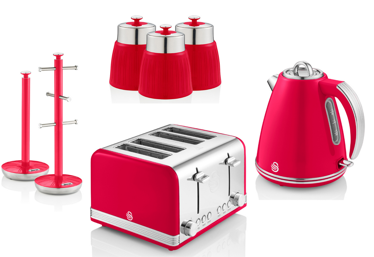 Swan Retro Red Jug Kettle 4 Slice Toaster Canisters Mug Tree Towel Pole Set of 7