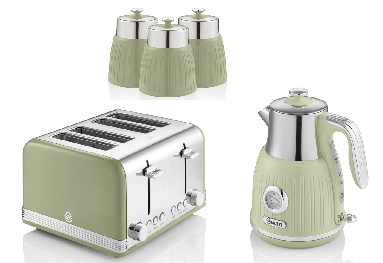 SWAN Retro Green Jug Dial Kettle 4 Slice Toaster  & 3 Canisters Kitchen Set of 5