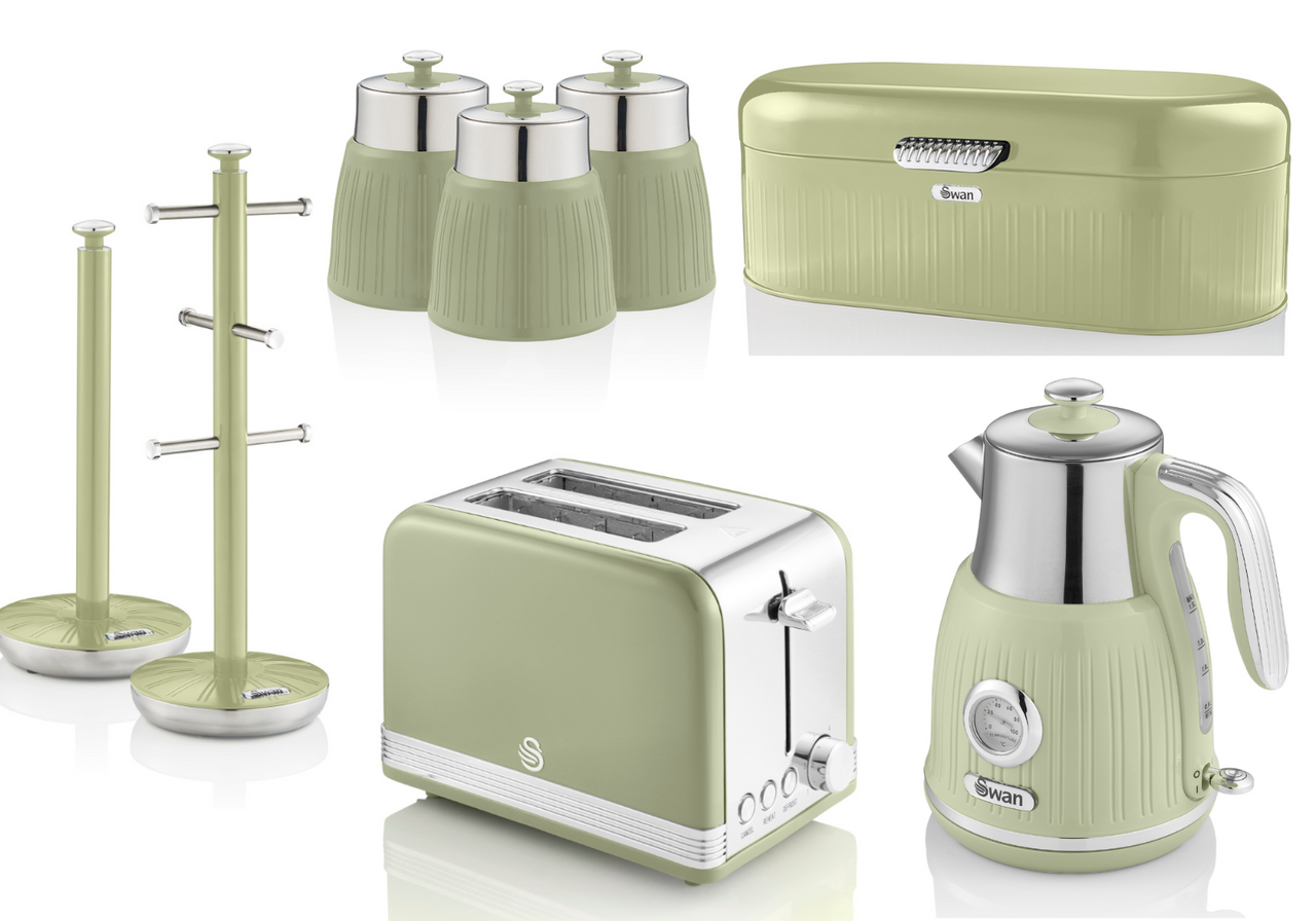 SWAN Retro Green Kettle 2 Slice Toaster Breadbin Canisters Mug Tree Towel Pole