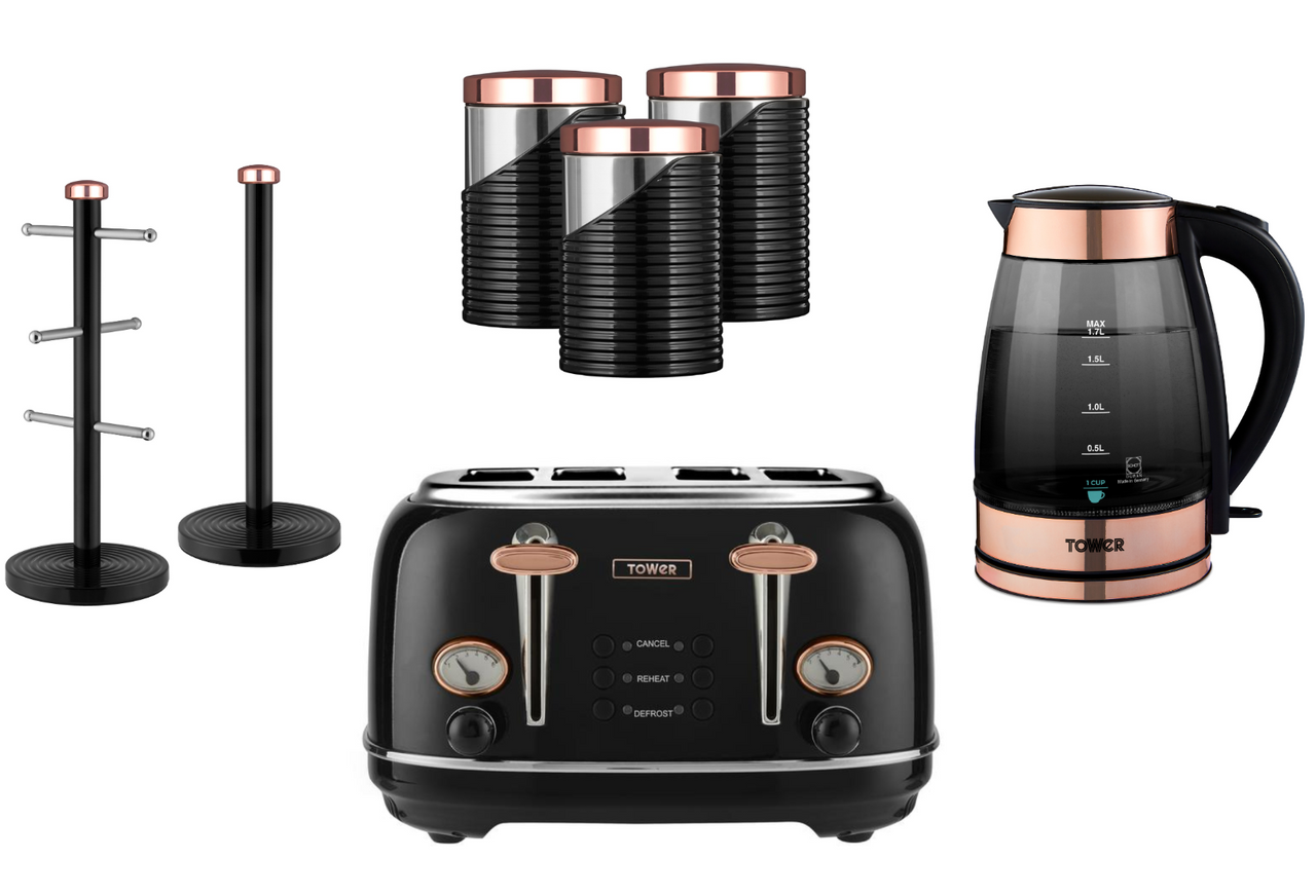 TOWER Smoked Glass Kettle Toaster Canisters Mug Tree Towel Pole Black/Rose Gold