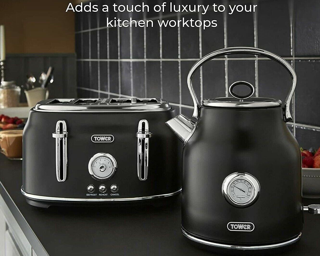 Tower Renaissance Black Kettle 4 Slice Toaster Bread Bin Canisters Set of 6