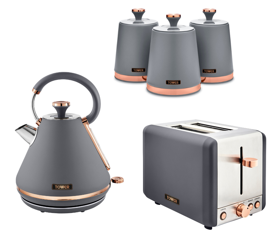 Tower Cavaletto Pyramid Kettle 2 Slice Toaster & 3 piece Canisters Set Grey & Rose Gold