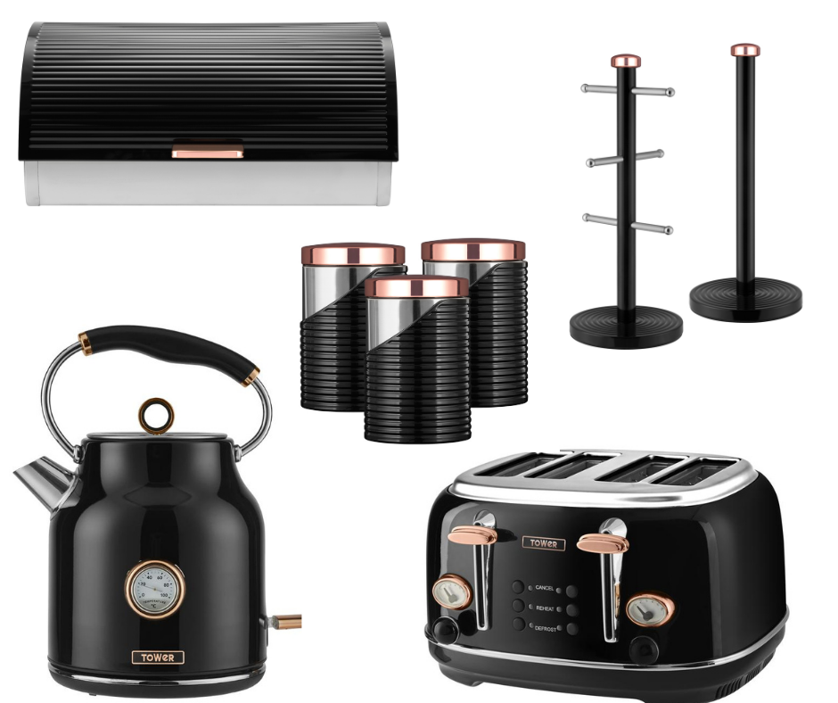 Rose Gold & Black Kettle, Toaster, Canisters, Bread Bin, Mug Tree & Towel Pole