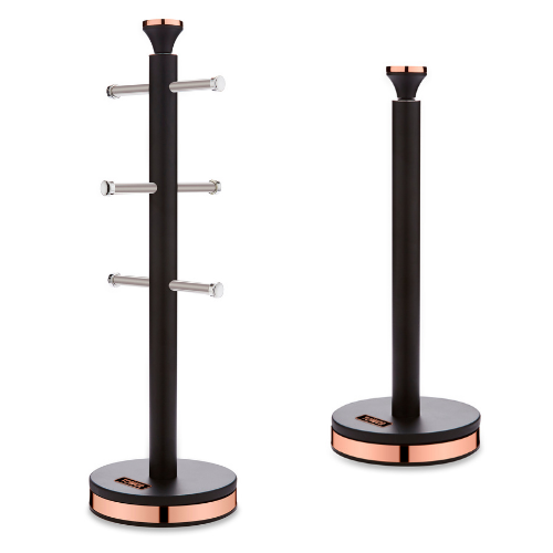 Tower Cavaletto Mug Tree & Kitchen Roll Holder Stylish Set in Black & Rose Gold