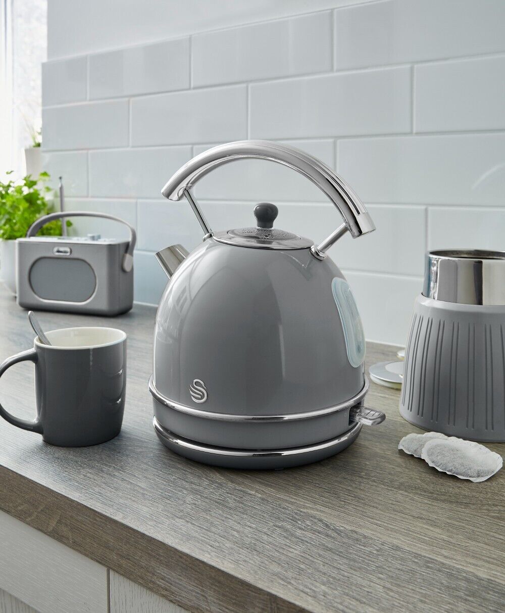 SWAN Retro Grey Dome Kettle, 2 Slice Toaster & Set of 3 Canisters Kitchen Set