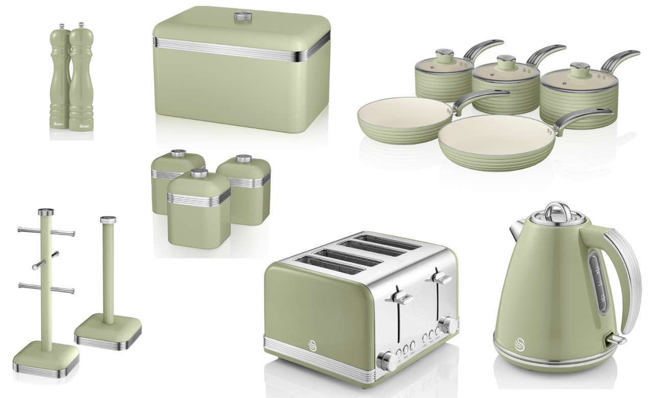 SWAN Retro Green Kitchen Set of 15. Kettle Toaster Pan Set & Kitchen Storage Set