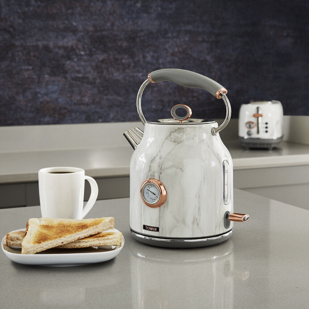 Tower Marble Kettle 4 Slice Toaster Bread Bin Set Rose Gold White