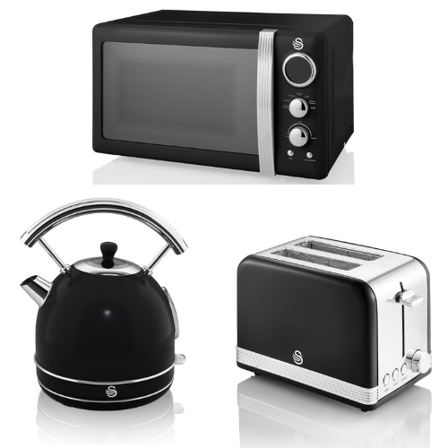 Swan Retro Dome Kettle, 2 Slice Toaster & Digital Microwave Vintage Set Black