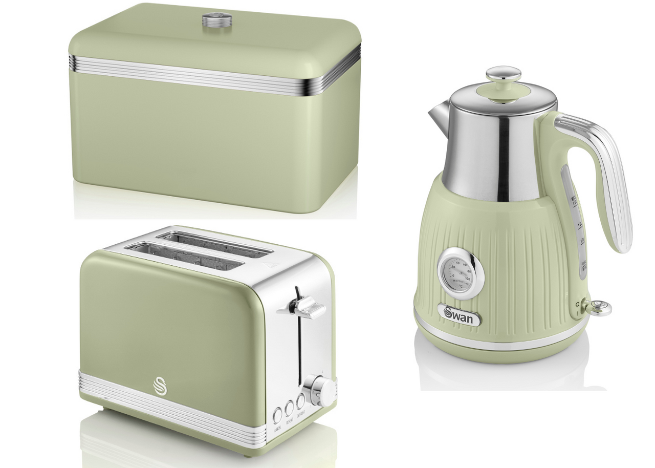 SWAN Retro Green Temperature Dial Kettle 2 Slice Toaster Bread Bin Matching Set