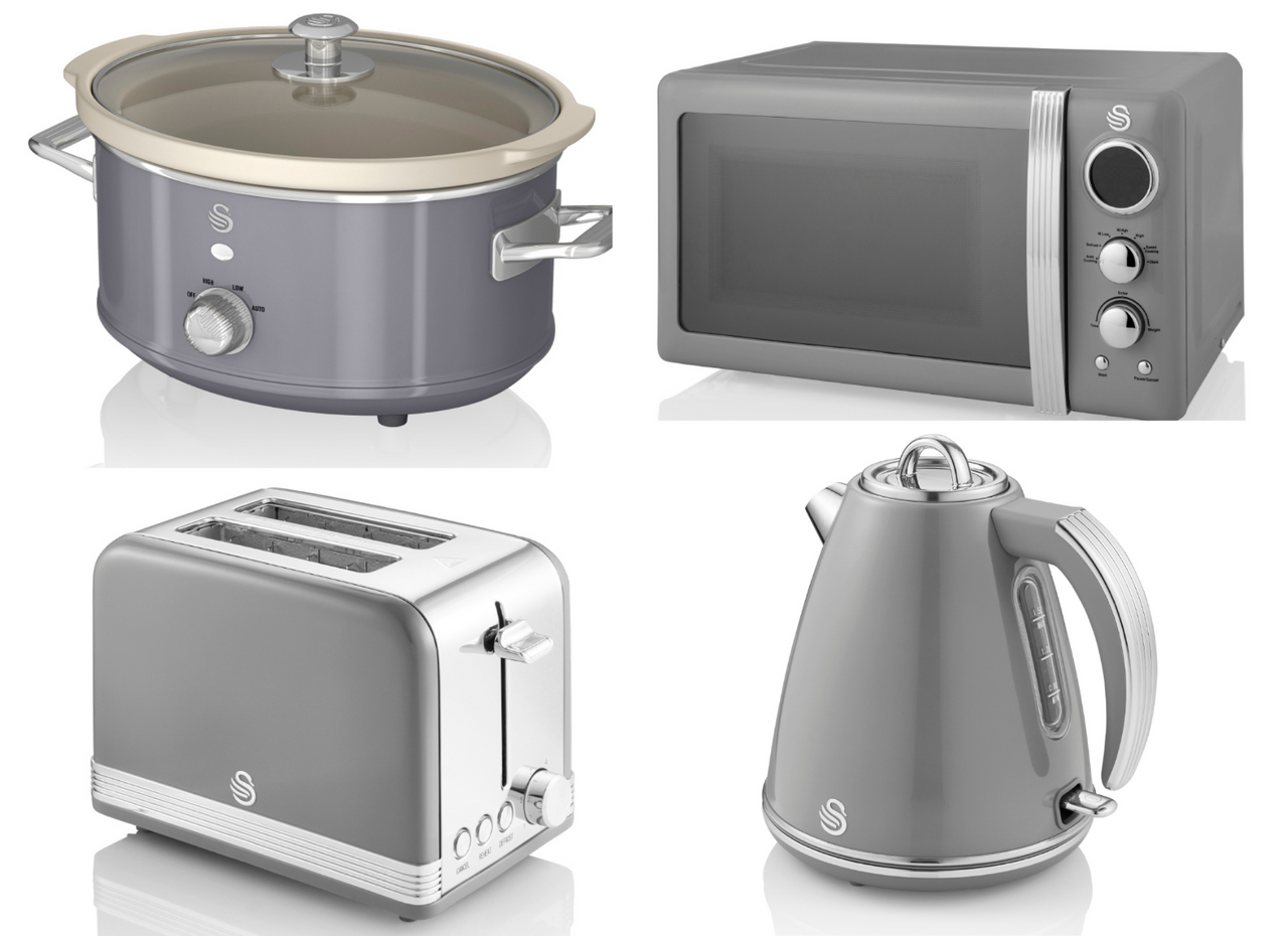 SWAN Retro Jug Kettle 2 Slice Toaster 800W Microwave 3.5L Slow Cooker Grey