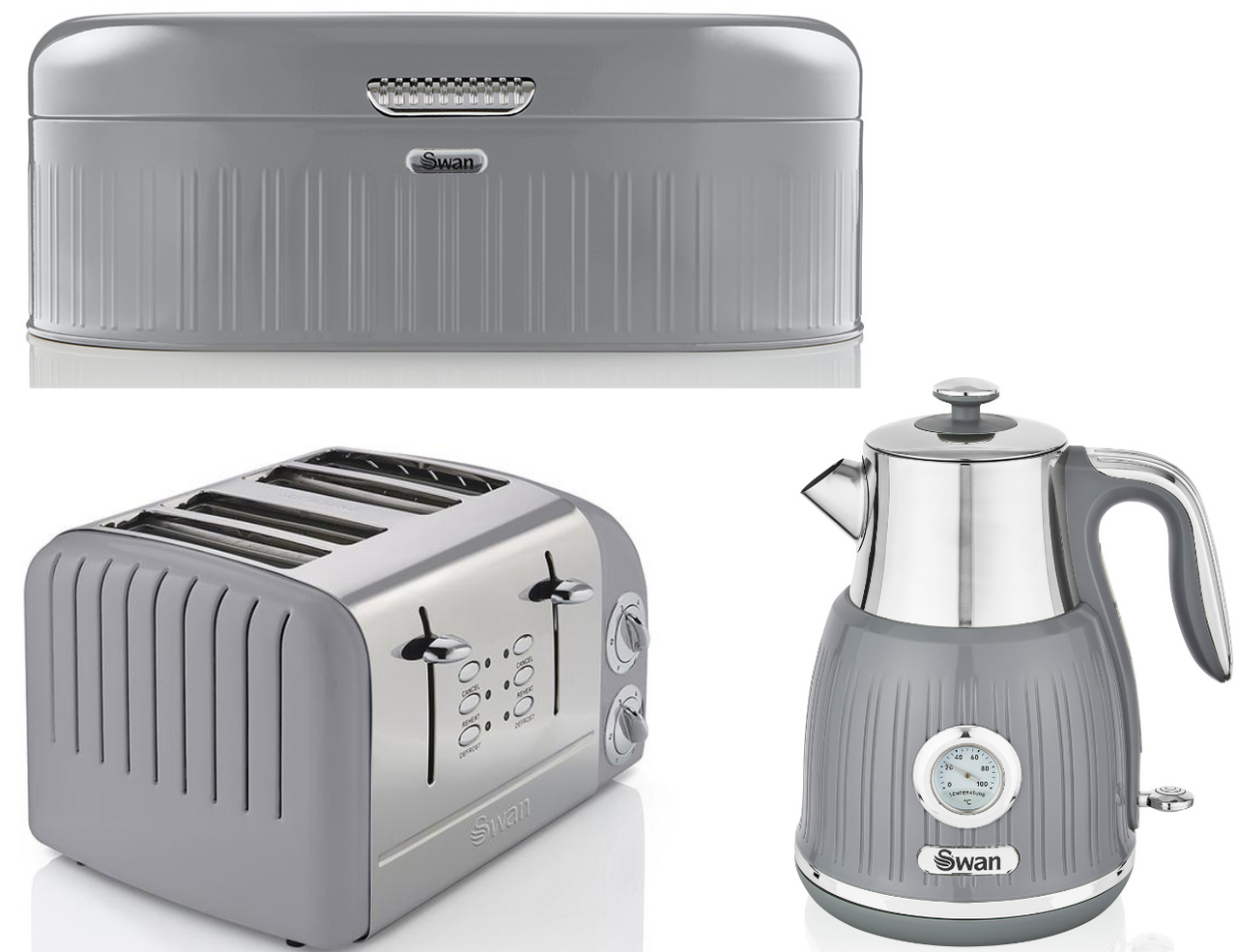 SWAN Retro Grey Jug Dial Kettle, 4 Slice Toaster ST34020GRN & Breadbin Set