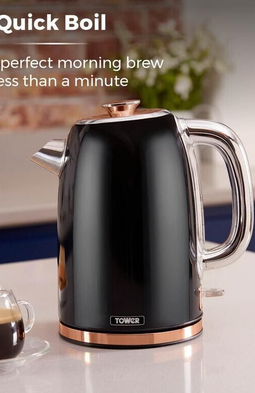 Tower Jug Kettle 4 Slice Toaster & 5 Piece Storage Set Black/Rose Gold