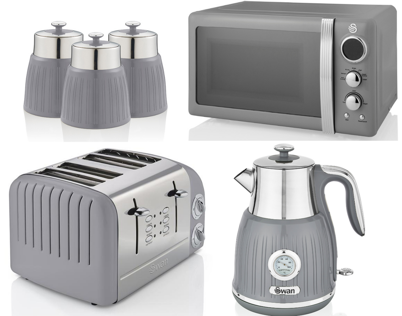 SWAN Retro Grey Jug Dial Kettle, 4 Slice Toaster, Microwave & 3 Canisters Set