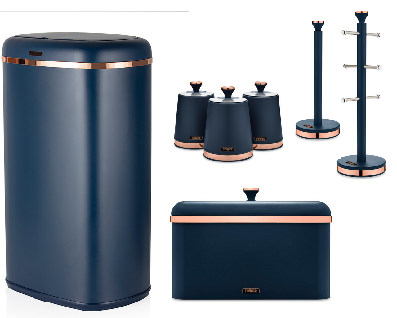 Tower Cavaletto Kitchen Accessories Matching Set of 7 In Midnight Blue/Rose Gold