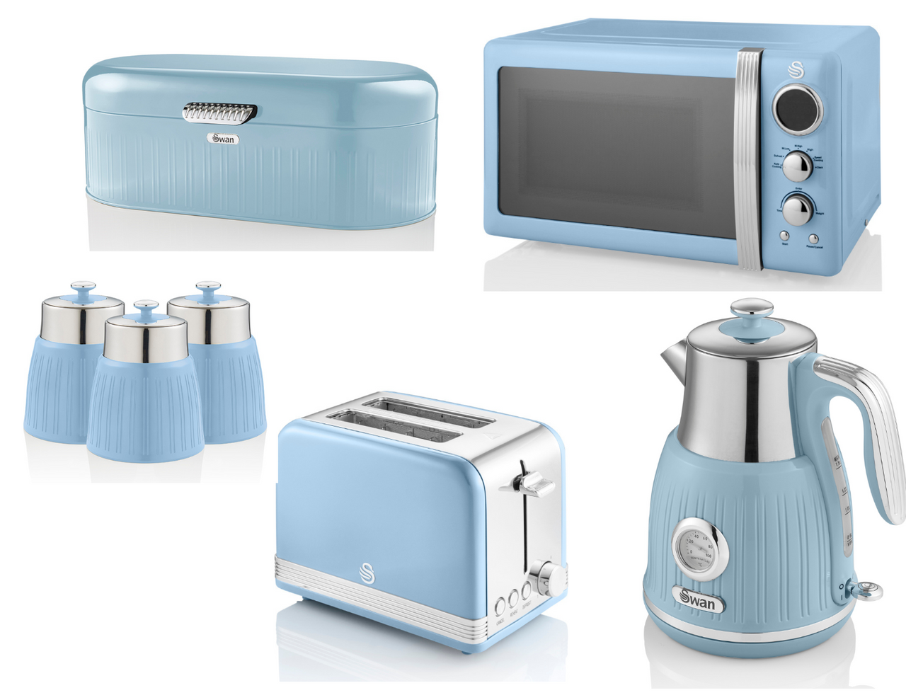 SWAN Retro Blue Dial Kettle 2 Slice Toaster Microwave Breadbin Canisters 7 Set