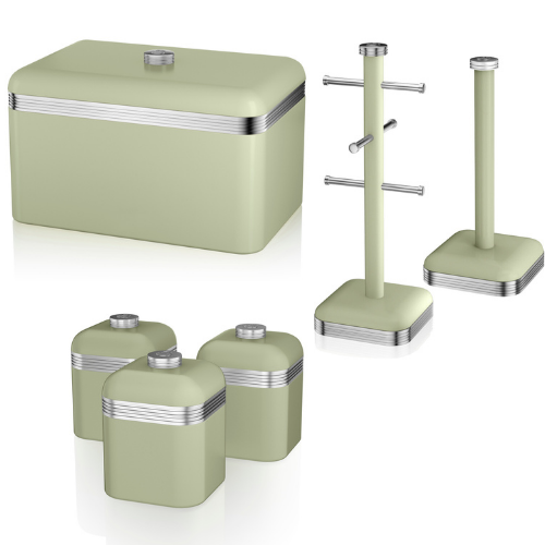 SWAN Retro Kitchen Storage Set Green Bread bin, Canisters, Mug Tree & Towel Pole