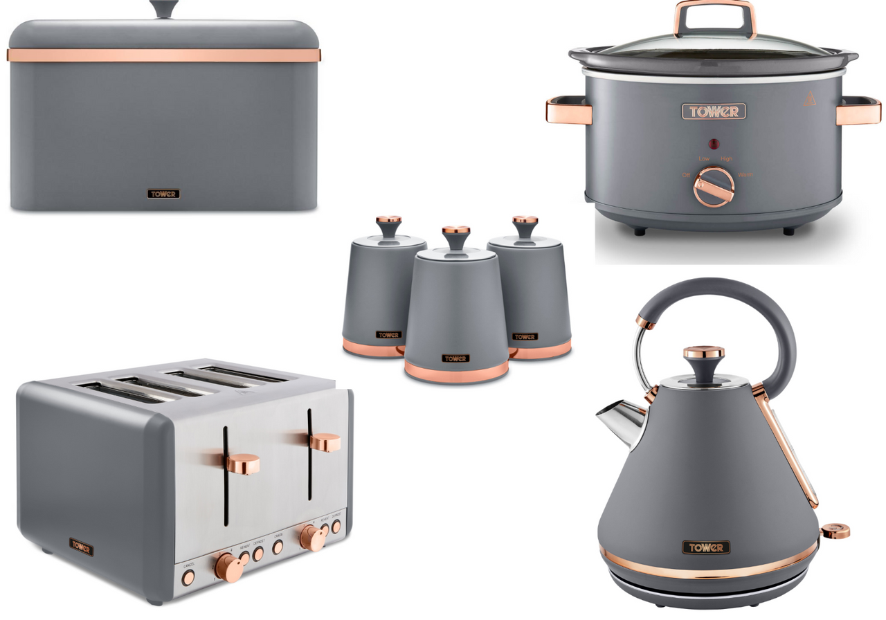 Tower Cavaletto Grey Kettle, 4 Slice Toaster, Slow Cooker, Breadbin & Canisters