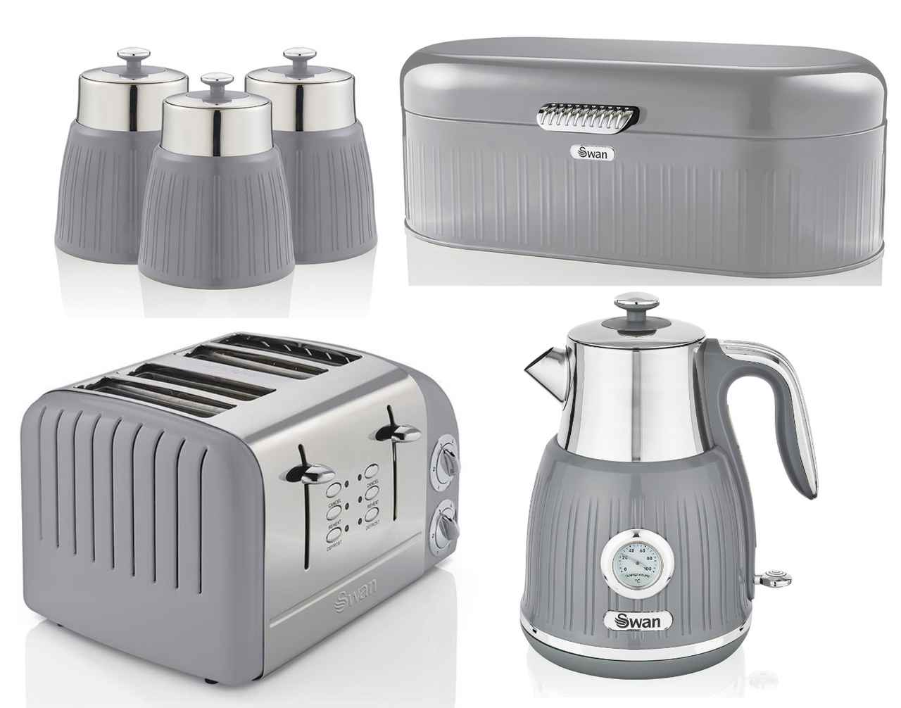 SWAN Retro Grey Jug Dial Kettle, 4 Slice Toaster ST34020GRN Breadbin & Canisters