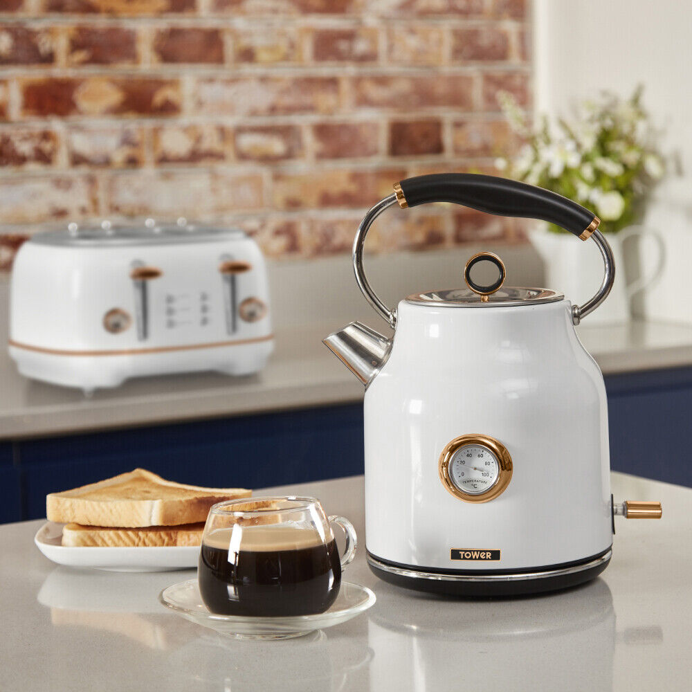 NEW Bottega Rose Gold & White Kettle, 4 Slice Toaster & Linear Breadbin