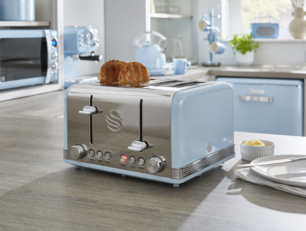 SWAN Retro Blue Dial Kettle 4 Slice Toaster Microwave & 3 Canisters Kitchen Set