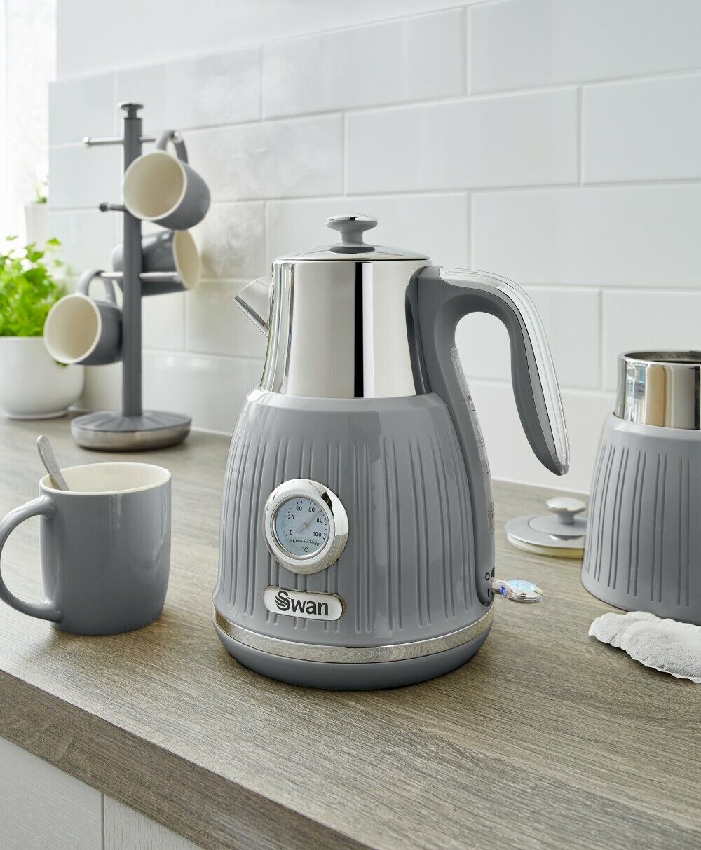 SWAN Retro Grey Jug Dial Kettle, 4 Slice Toaster ST34020GRN & 3 Canisters Set