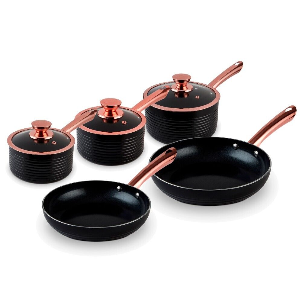 Tower 5 Piece Pan Set in Black & Rose Gold Non-Stick Aluminium 5 Yr Guarantee