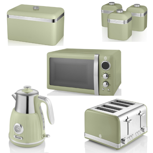 SWAN Retro Green Dial Kettle 4 Slice Toaster Microwave Breadbin & Canisters