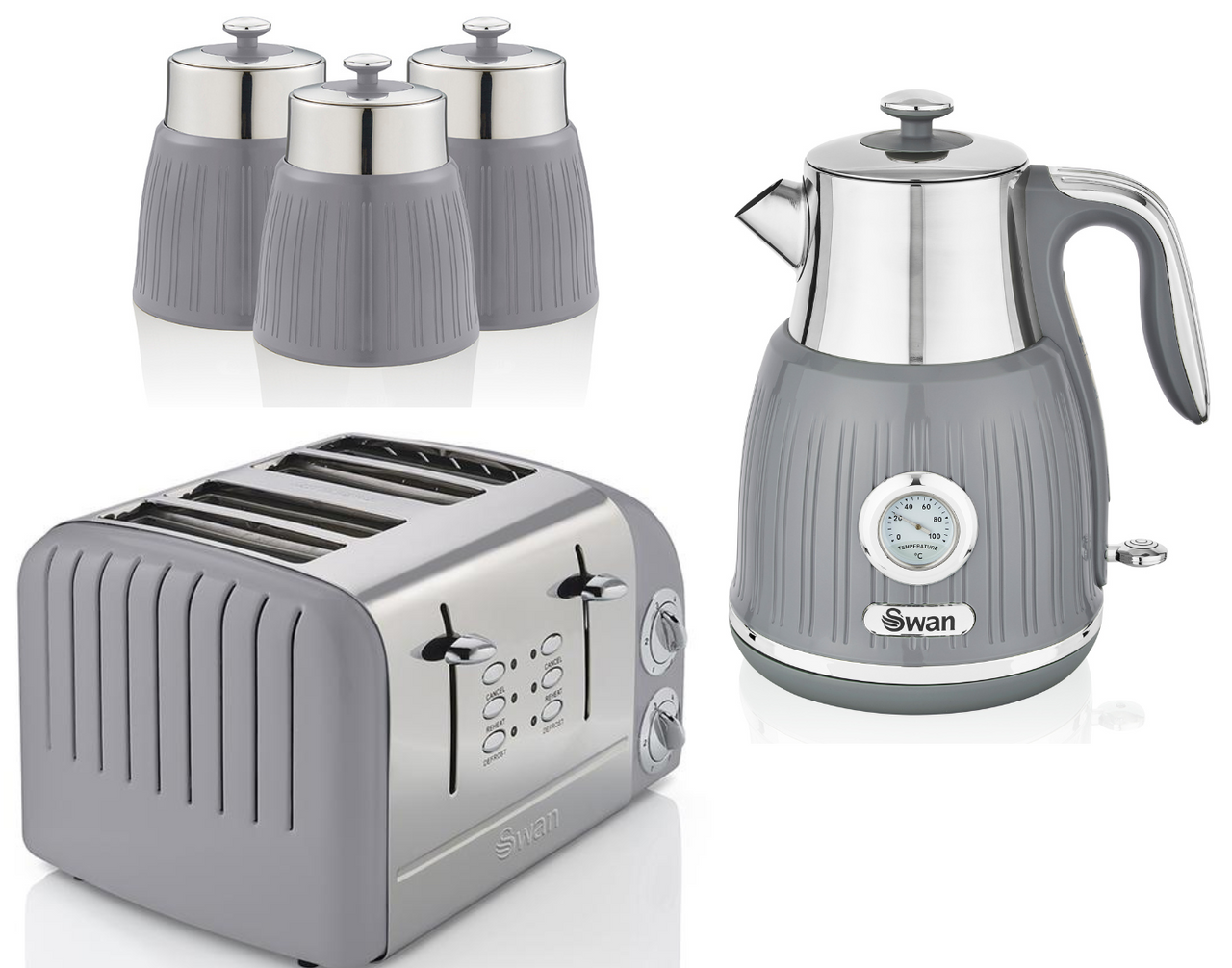 SWAN Retro Grey Jug Dial Kettle, 4 Slice Toaster ST34020GRN & 3 Canisters Set