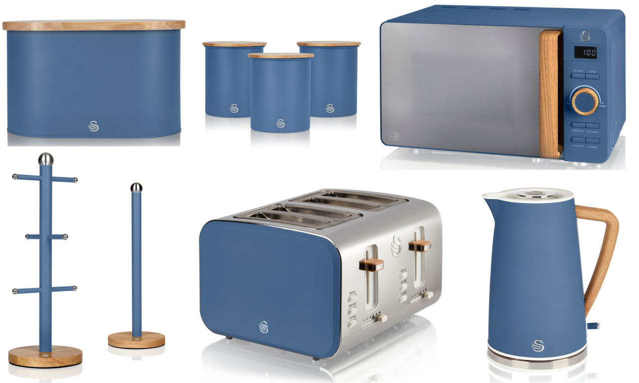 Swan Nordic Blue Kettle 4 Slice Toaster Microwave & Kitchen Storage Set of 9