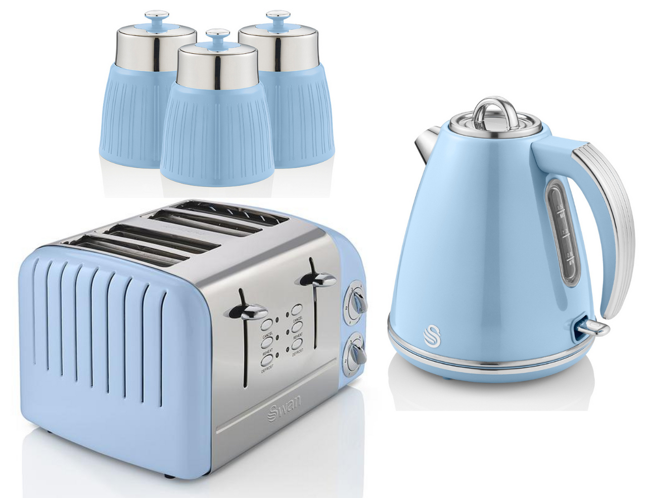 SWAN Retro Blue Jug Kettle 4 Toaster ST34020BLN  & 3 Canisters Vintage Kitchen Set