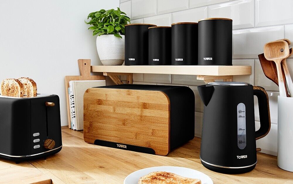 Tower Scandi Set of 7 Black Kettle 2 Slice Toaster 5 Piece Kitchen Sto