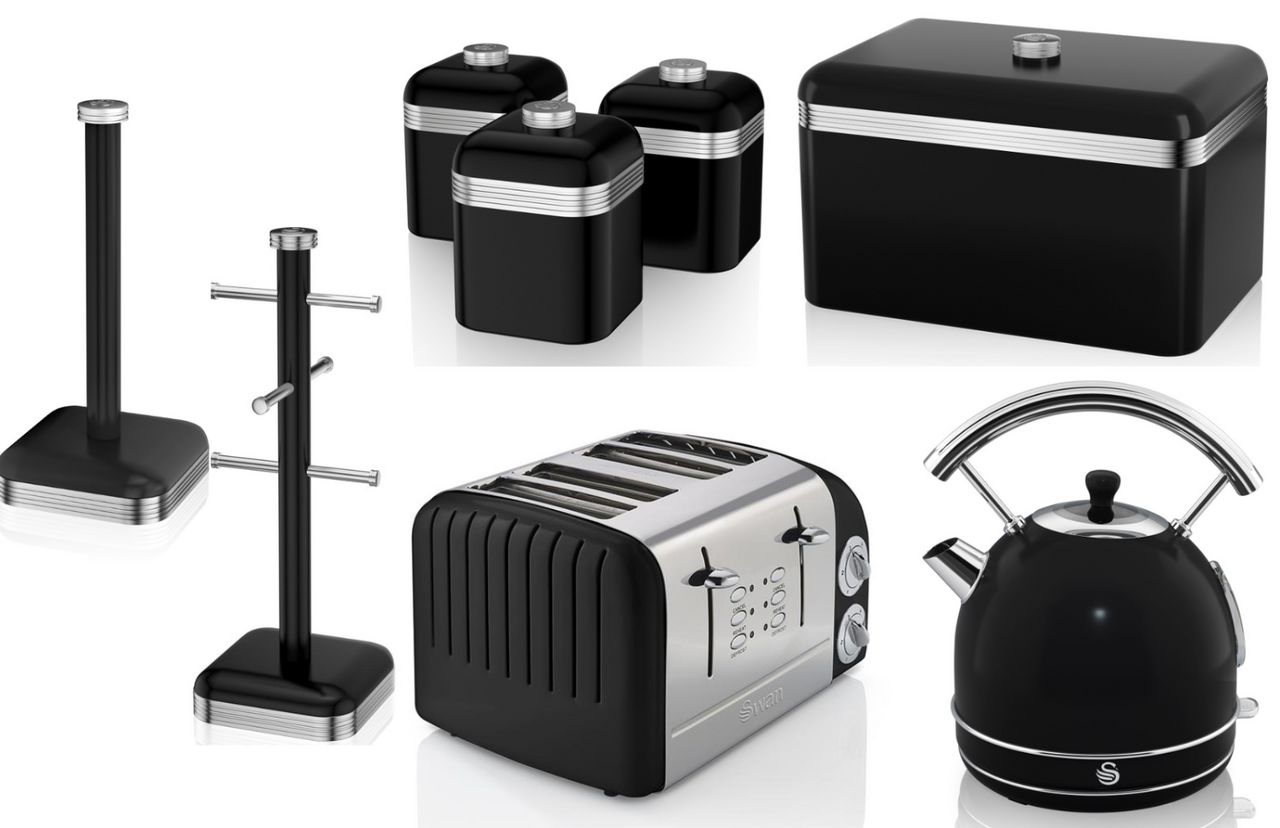 Swan Retro Black Set of 8 - Dome Kettle, 4 Slice Toaster & Kitchen Storage Set