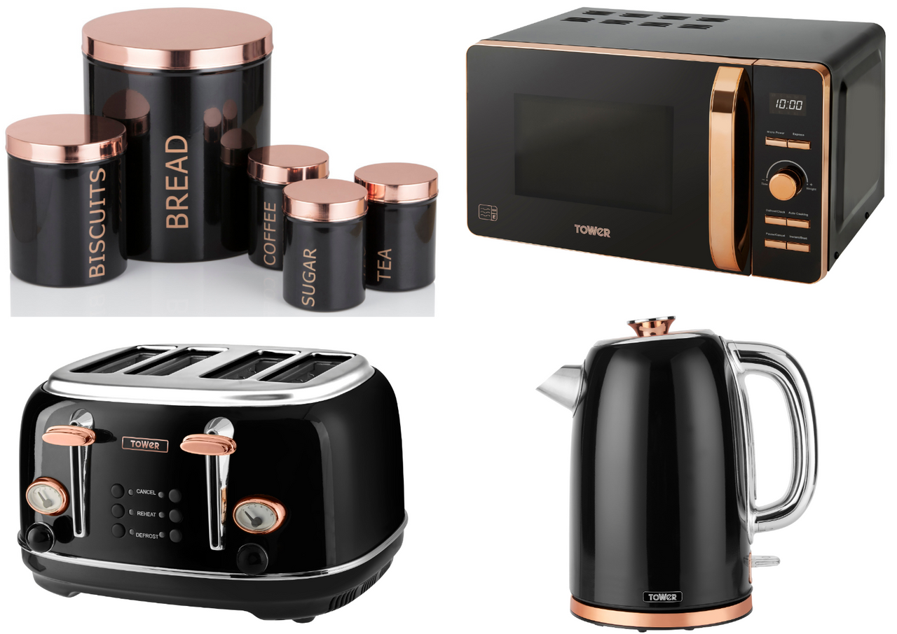 TOWER Jug Kettle 4 Slice Toaster Microwave & 5 Piece Storage Set Black/Rose Gold