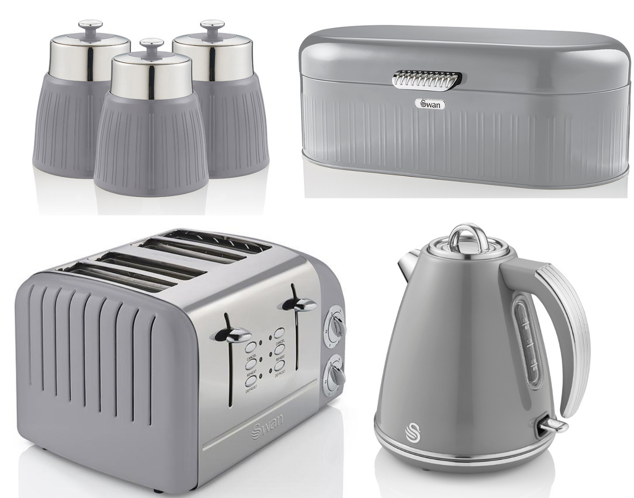 SWAN Retro Grey 1.5L Jug Kettle, 4 Slice Toaster ST34020GRN Breadbin & Canisters