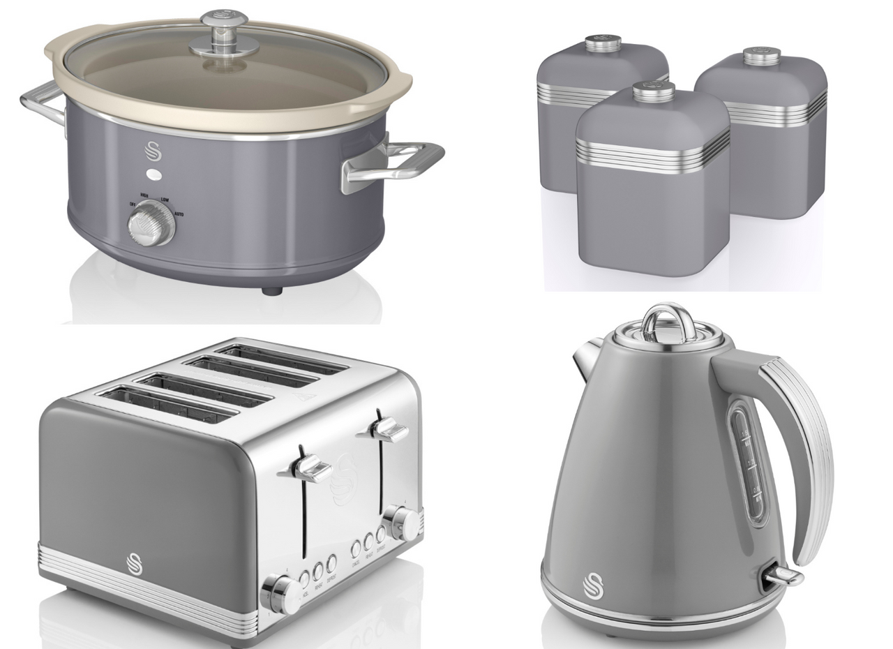 SWAN Retro Grey Jug Kettle 4 Slice Toaster 3.5L Slow Cooker & 3 Canisters Set