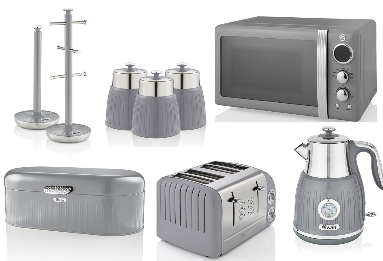 SWAN Retro Grey Kitchen Set of 9 - Dial Kettle Toaster Microwave & Accessories