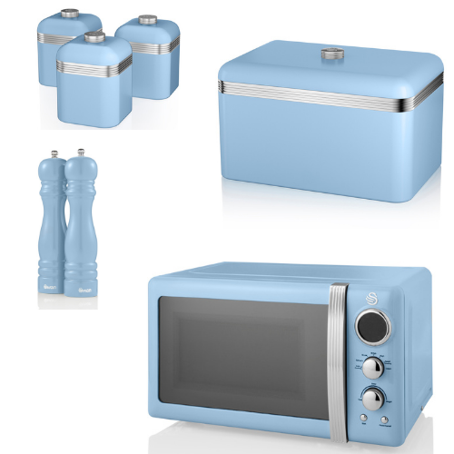 Swan Retro Blue Kitchen Set Microwave, Bread Bin, Canisters, Salt & Pepper Mills