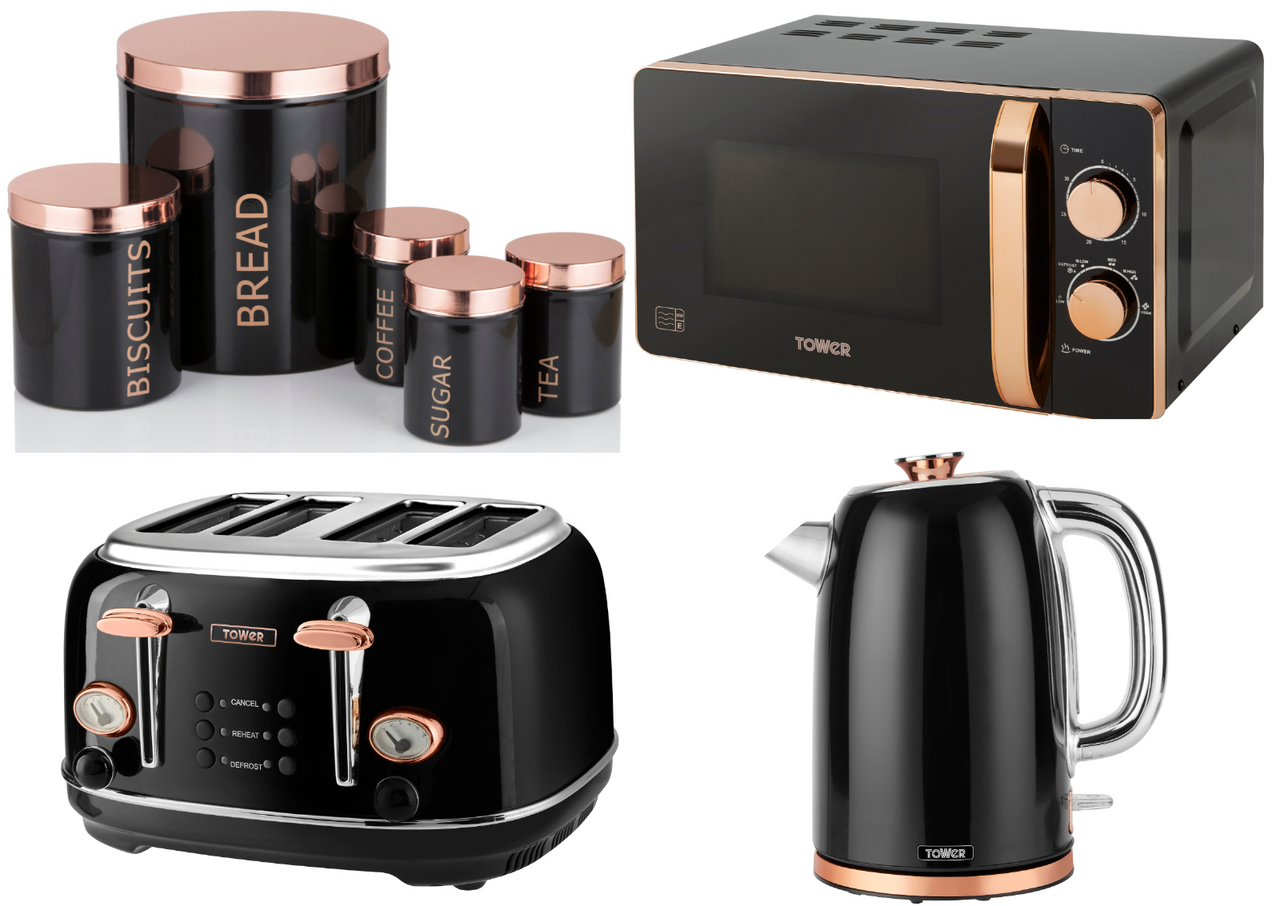 TOWER Jug Kettle 4 Slice Toaster Microwave & 5 Piece Storage Set Black/Rose Gold