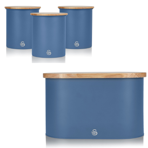 Swan Nordic Blue Bread Bin & Canisters Scandinavian Design Matching Kitchen Storage Set